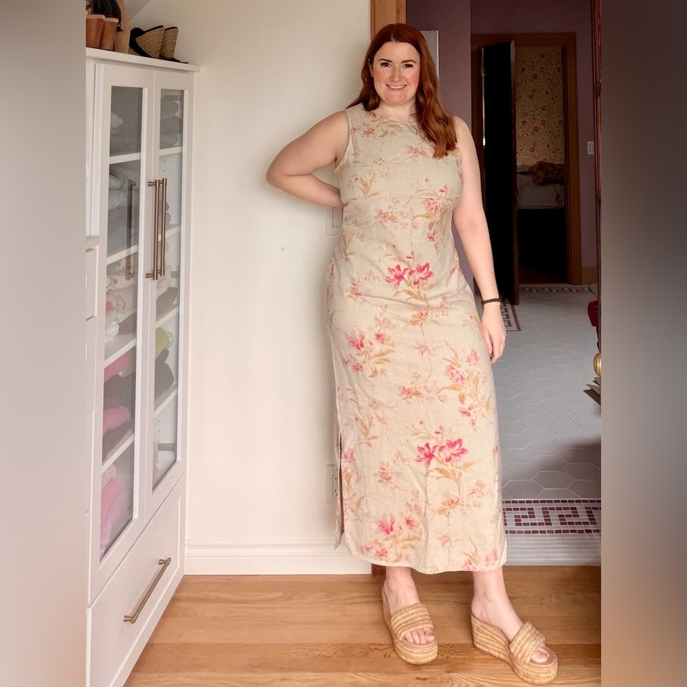 ⬇️ Vintage Floral Linen Sleeveless Midi Dress Size 14 Casual Corner Annex